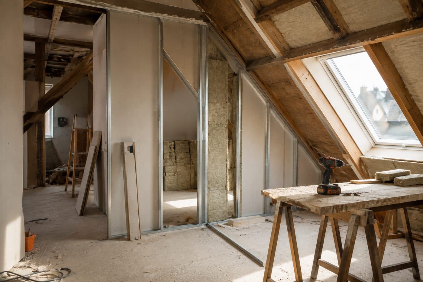 Innenausbau: Dachboden wird mit Trockenbauwänden ausgebaut