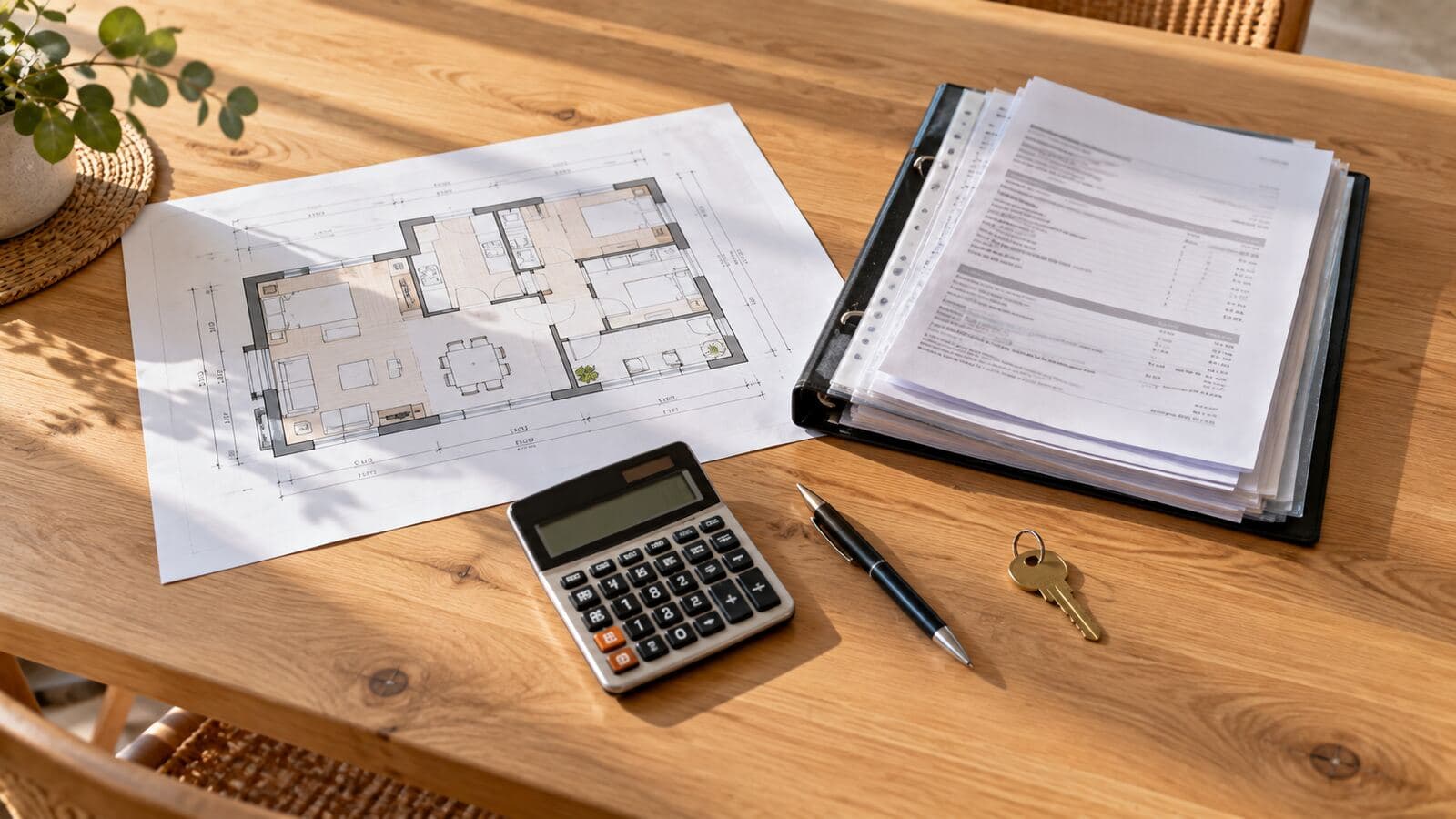 Grundriss, Offertenmappe, Taschenrechner und Hausschlüssel auf einem hellen Holztisch