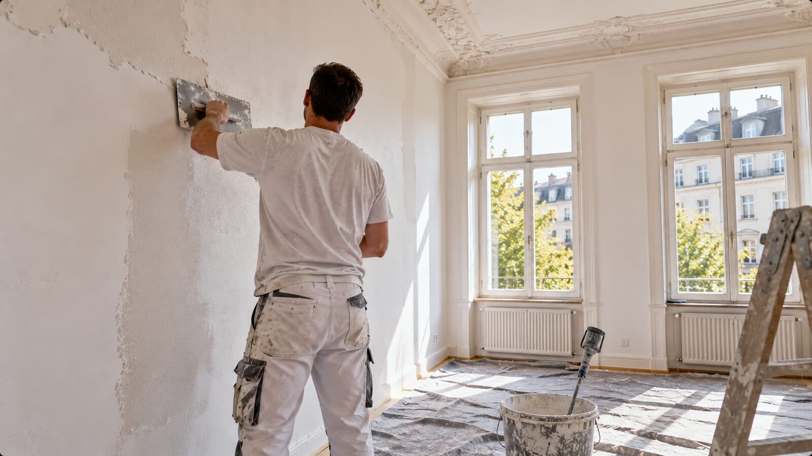 Gipser Zürich: frischer Weissputz wird an der hohen Wand einer Altbauwohnung geglättet