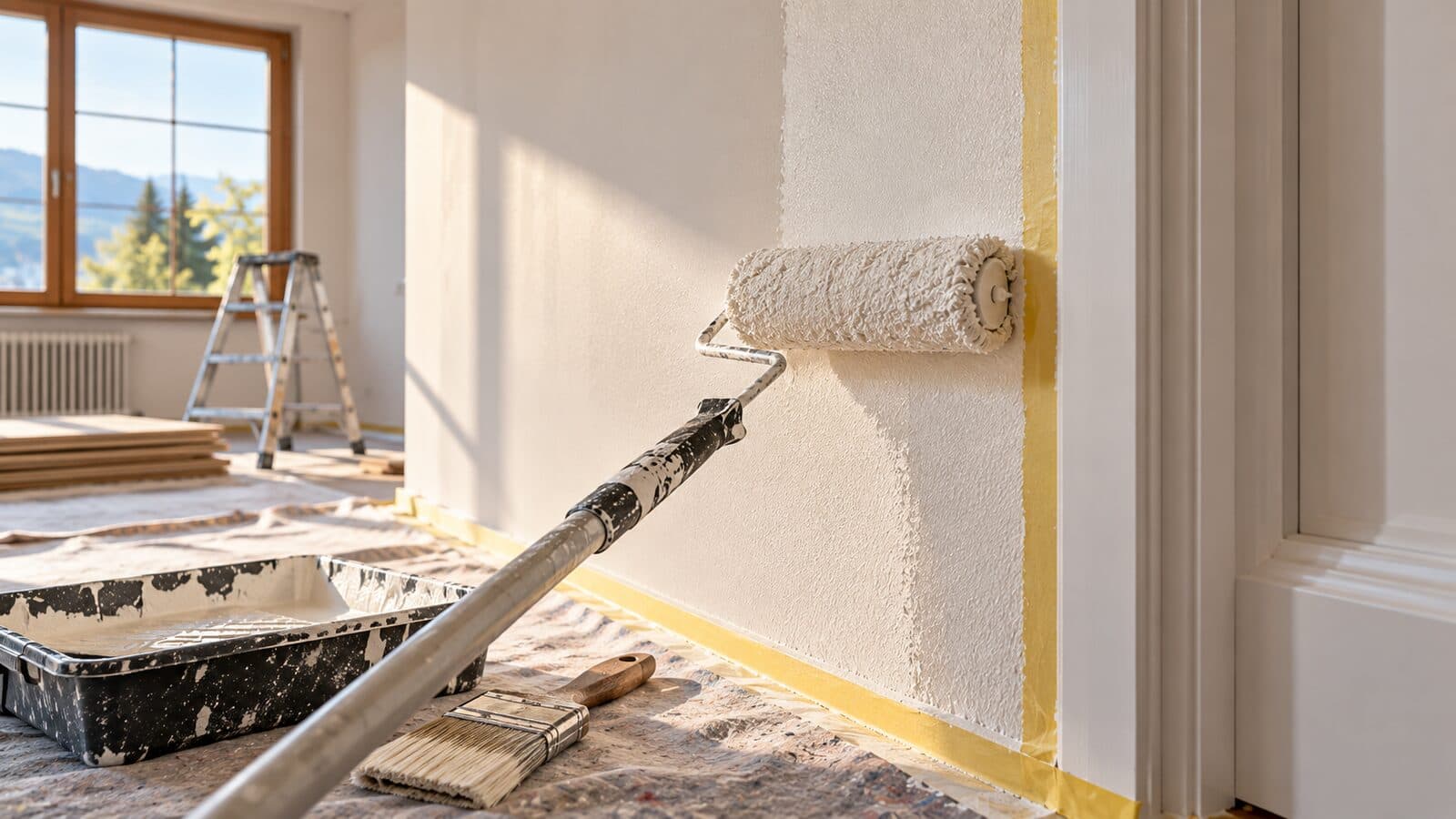 Farbroller an frisch gestrichener Wand mit sauber abgeklebter Kante am Türrahmen
