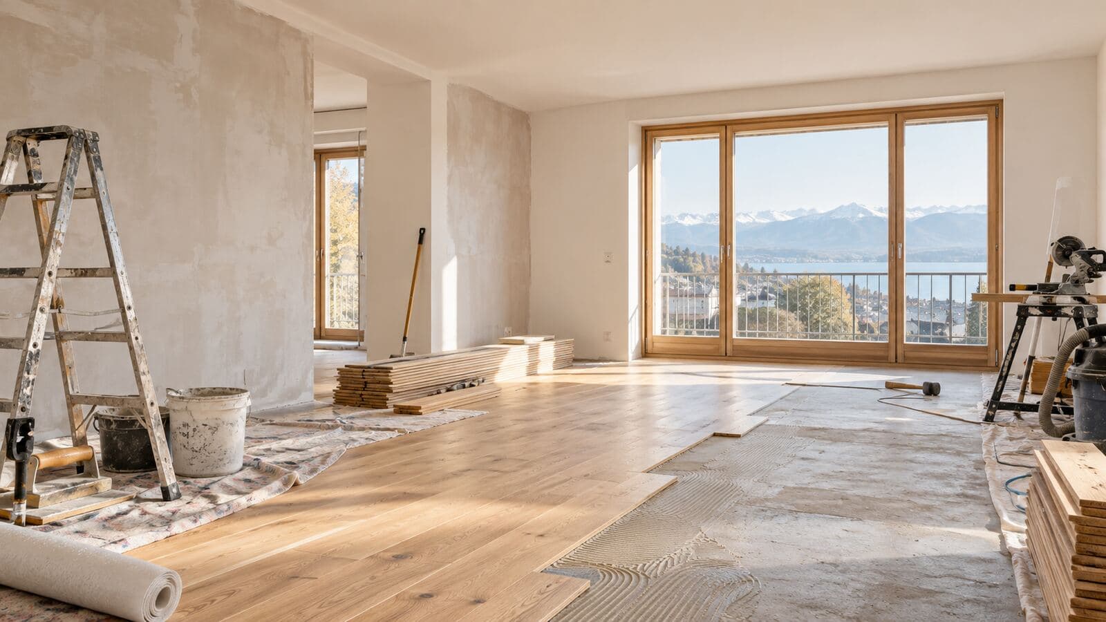 Helle Wohnung mitten in der Renovation: frisch verputzte Wand, halb verlegtes Eichenparkett und eine Bockleiter