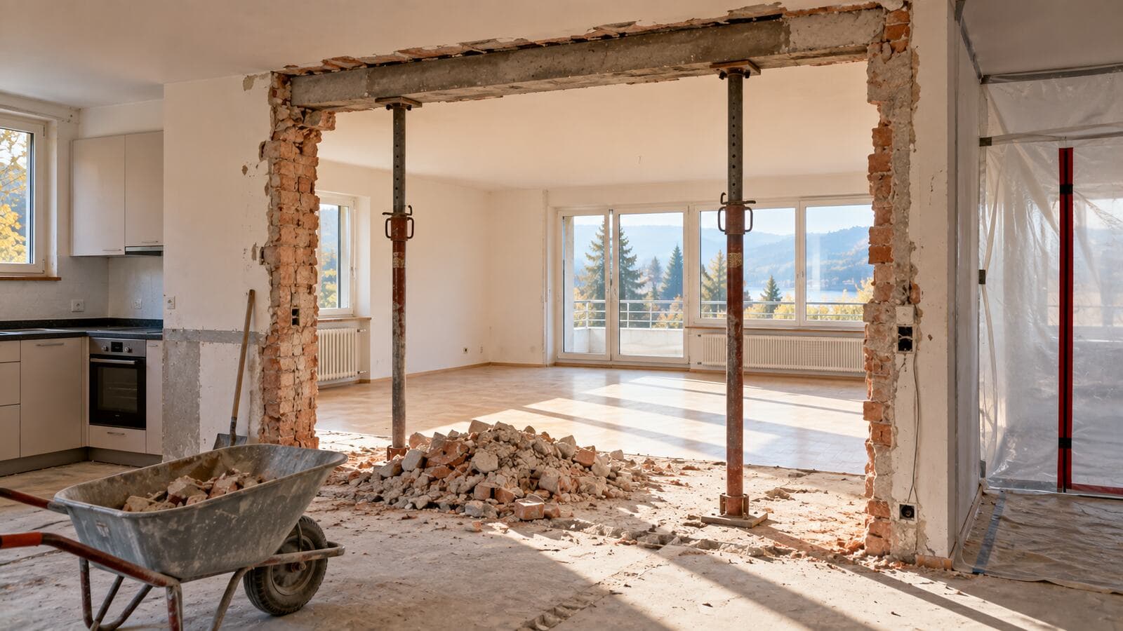 Tragende wand entfernen: Durchbruch zwischen Küche und Wohnzimmer mit neuem Sturz auf Baustützen, Schutt in der Schubkarre und Staubschutzwand